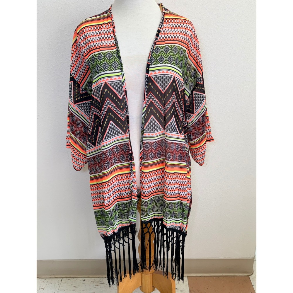 Agaci Womens Geometric Tribal Print Fringe Kimono Cardigan Orange Green Sheer OS